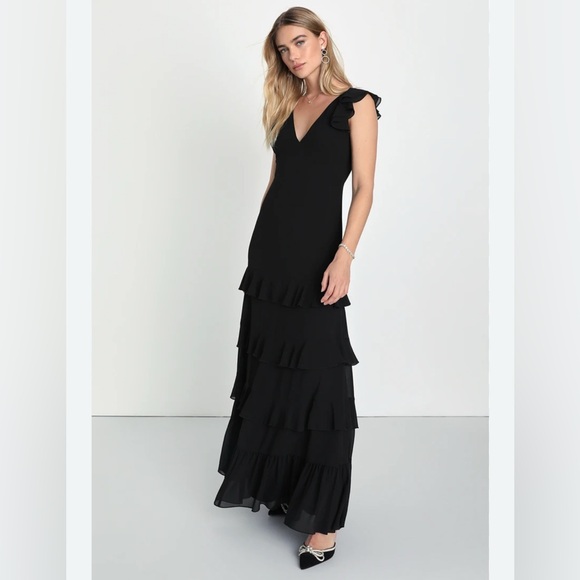 Lulus Exquisite Charm Black Backless Ruffled Tiered Maxi Chiffon Dress Large NWT - Picture 1 of 16